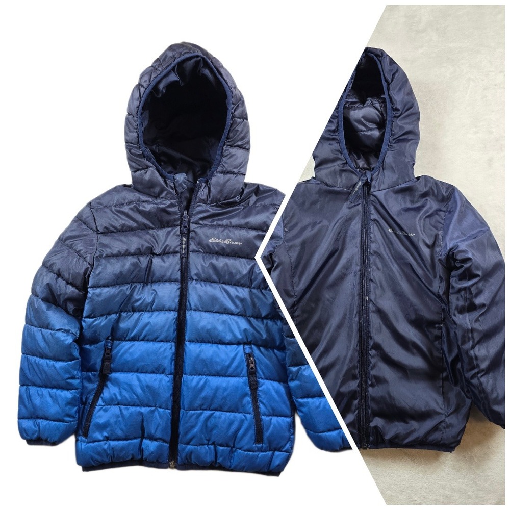 Eddie Bauer  Reversible Down Puffer Jacket Kids XS 5/6 Blue Ombre Hooded Coat